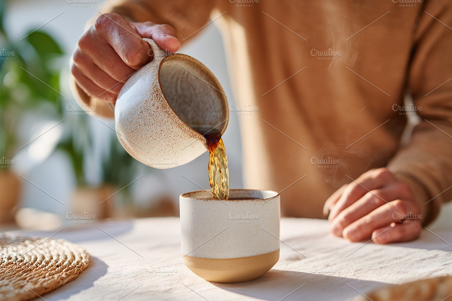 Morning ritual of slowly pouring coffee into a cup with a warm atmosphere, a Food & Drink Photo by AlyaAnd