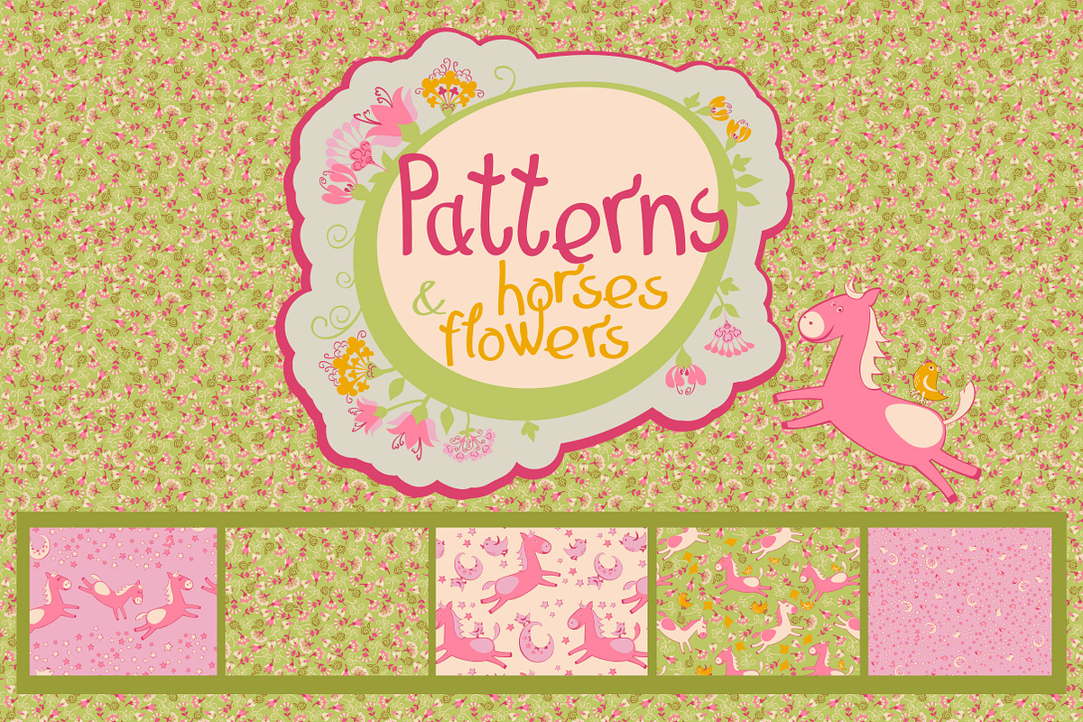 Patterns with horses and flowers, a Pattern Graphic by BondarenkoNat (Photo 1 of 2)