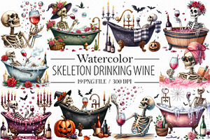 Skeleton Drinking Wine Clipart PNG, an Illustration by Libby Wishes