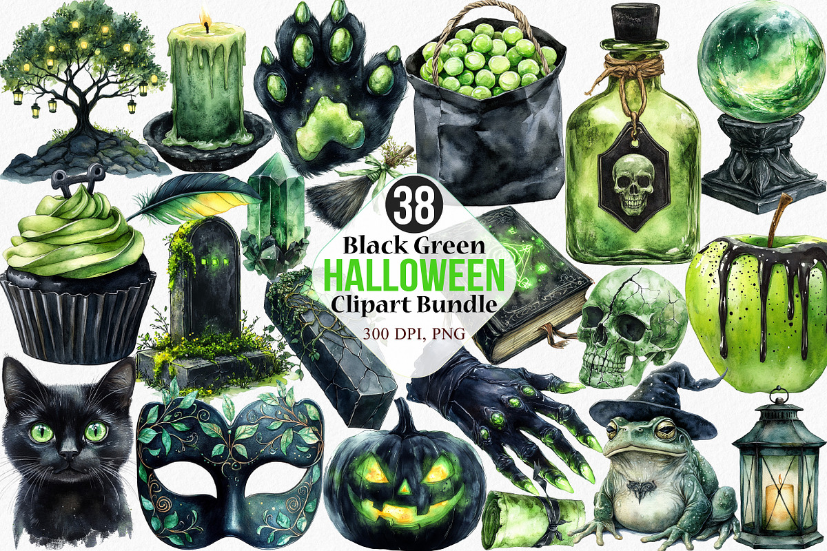 Black Green Halloween Clipart Bundle, an Illustration by Canvas Craft (Photo 1 of 8)