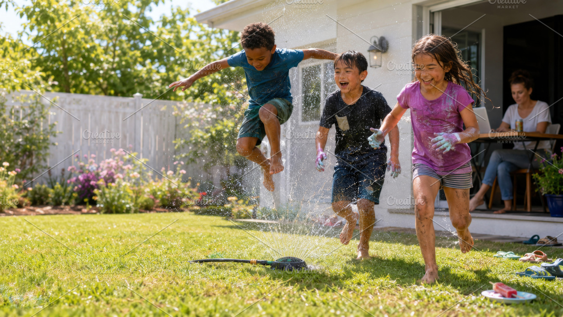 Children playing outdoors in summer,, a Photo by Dvoevnore photos