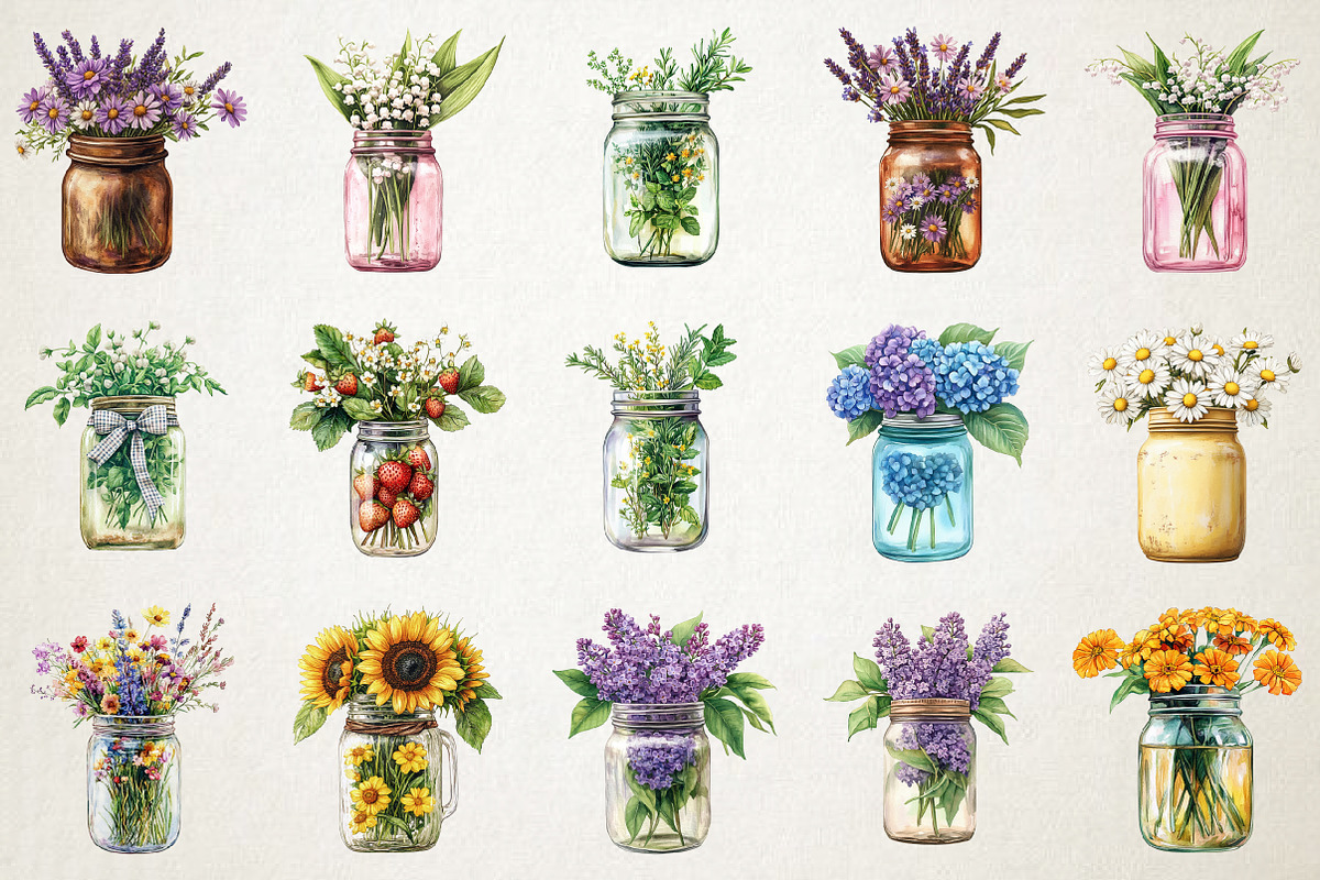 Spring Mason Jar Floral Clipart Set, an Illustration by RobertsArt (Photo 3 of 5)