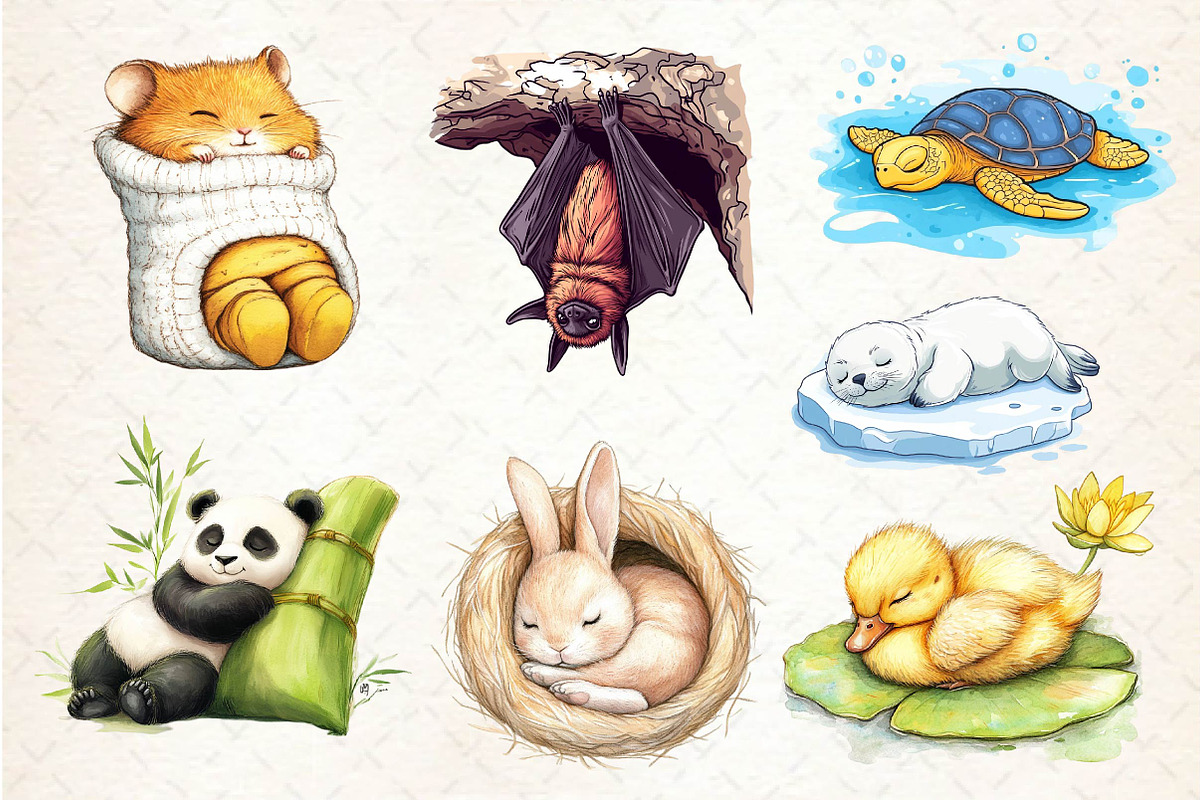 Watercolor Sleepy Animals Clipart, an Illustration by Dream Creation (Photo 4 of 6)