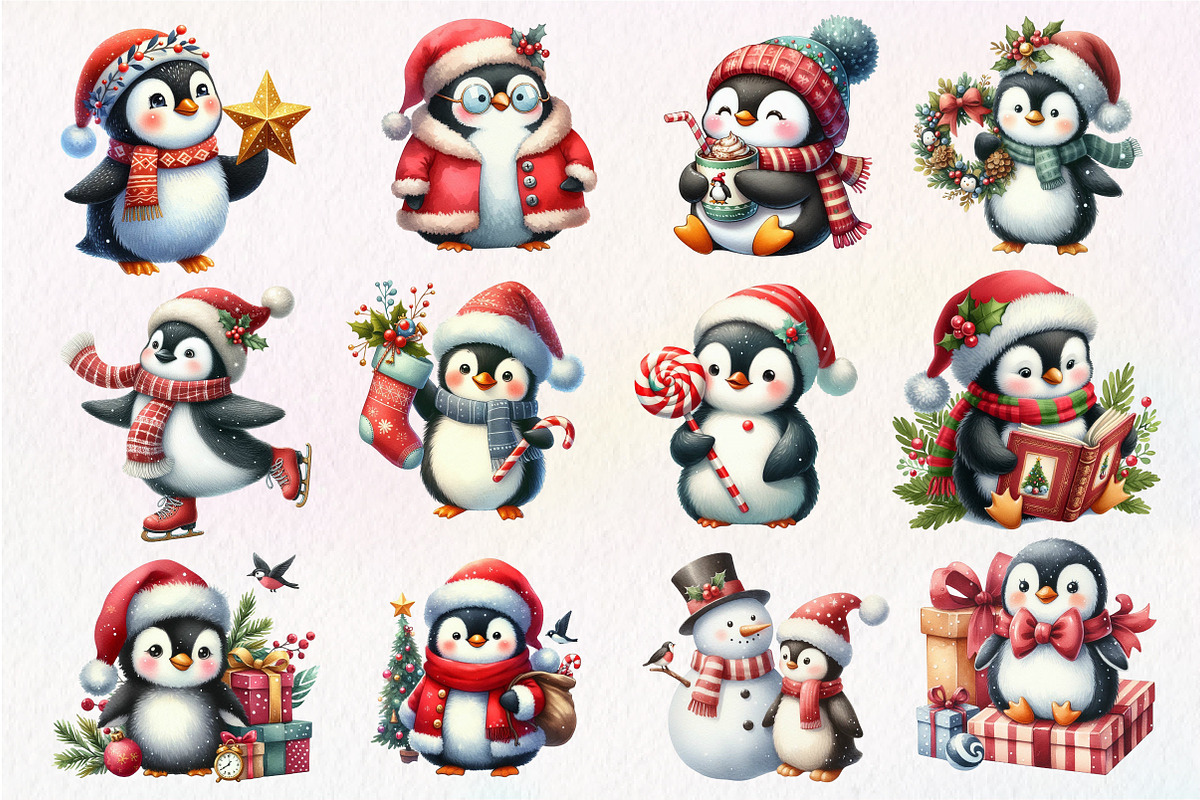 Christmas Penguin Watercolor Clipart, an Illustration by Dream Creation (Photo 2 of 5)