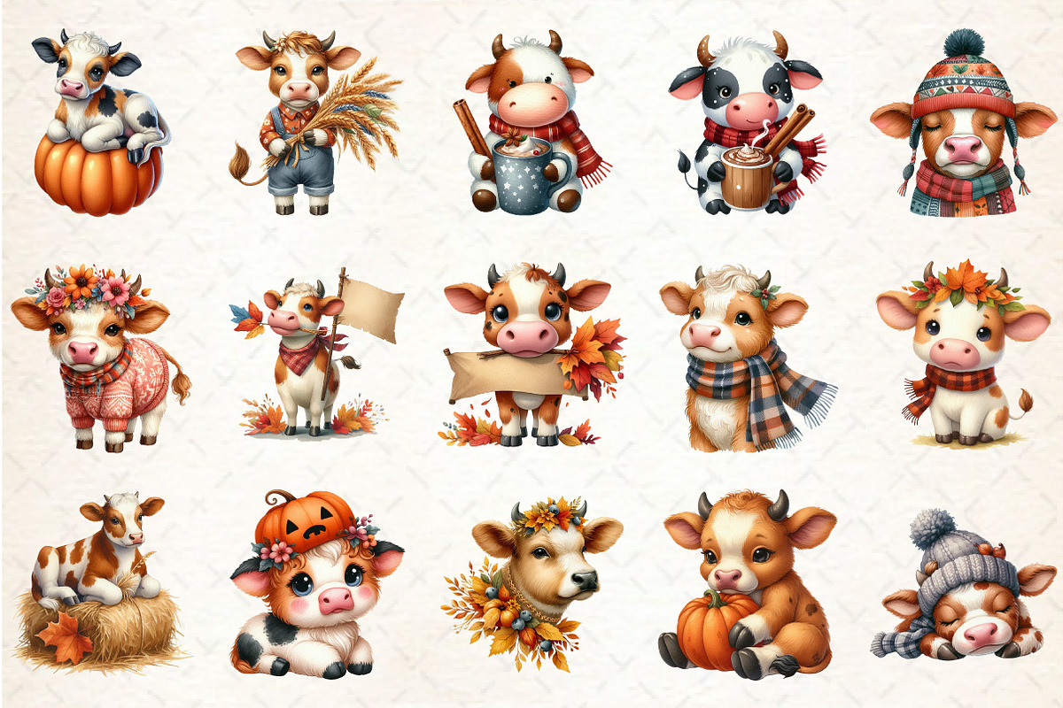 Watercolor Autumn Cow Clipart, an Illustration by Rose Art (Photo 2 of 7)