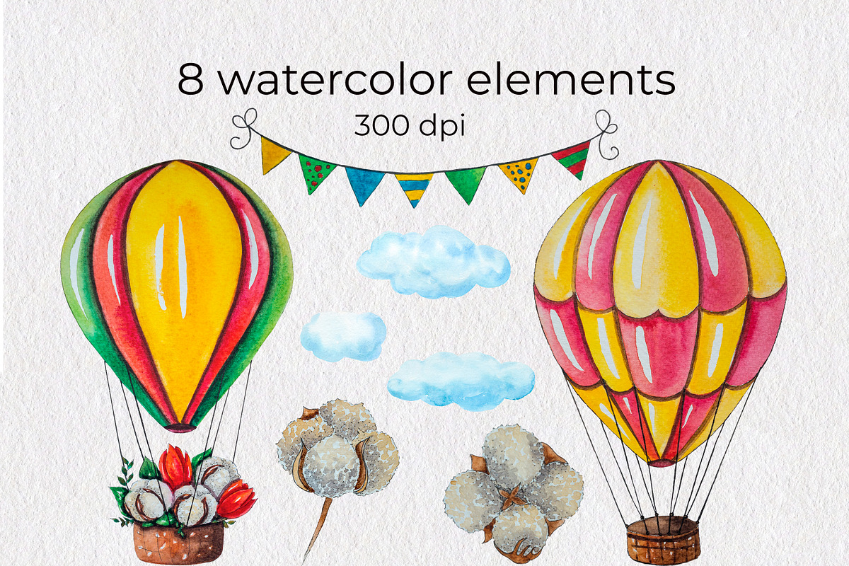 Hot Air Balloons Watercolor Clipart, a Transportation Illustration by AnastasiaWatercolor (Photo 2 of 9)