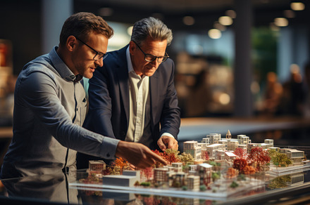 Two mature men architects looking at model of real estate in exh, an Architecture Photo by AS photostudio