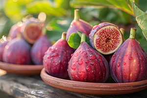 Fresh ripe figs with droplets, beautifully arranged on clay dish, a Food & Drink Photo by ImageMir