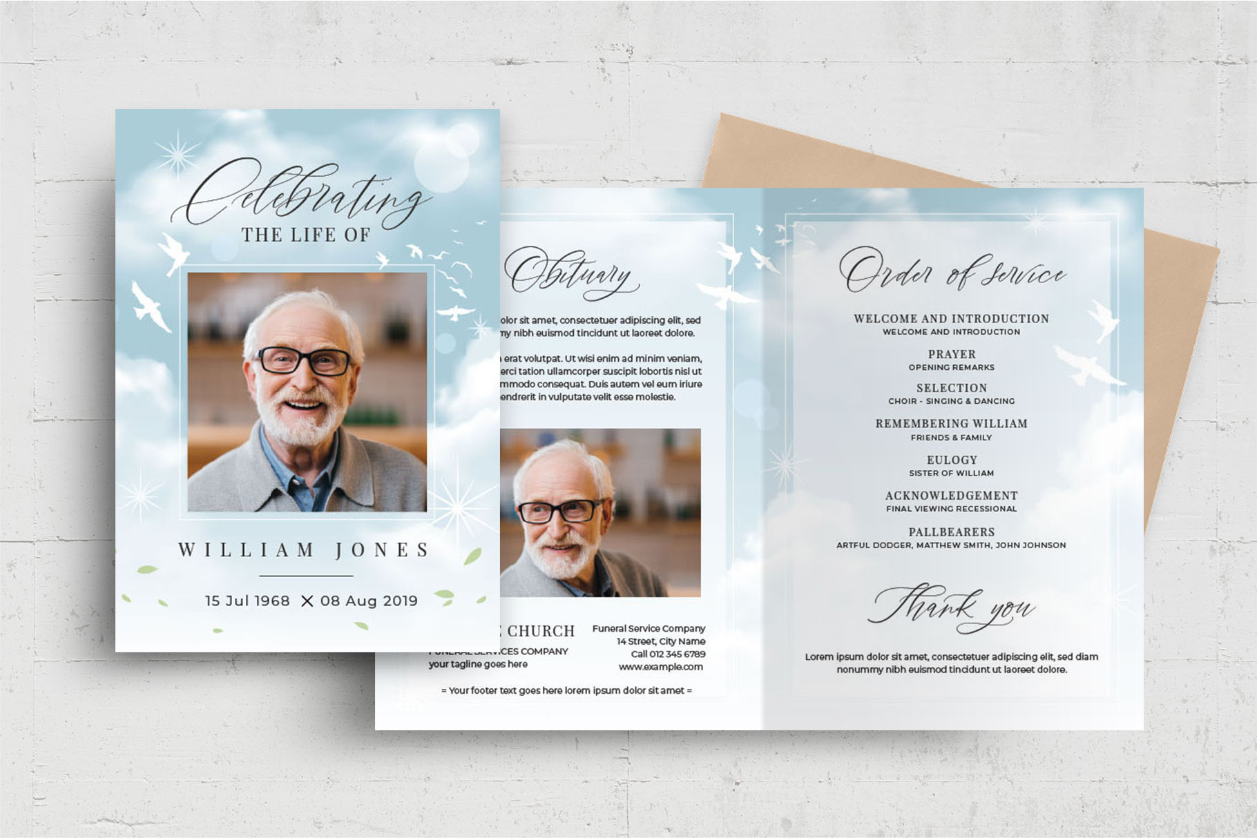 Blue Sky Funeral Program Template, a Flyer Template by BrandPacks