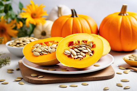 Orange pumpkins with seeds on white wooden background, a Photo by AlyaAnd