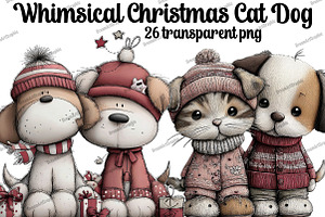 Whimsical Christmas Cat Dog Clipart, an Illustration by DreamArtGraphic