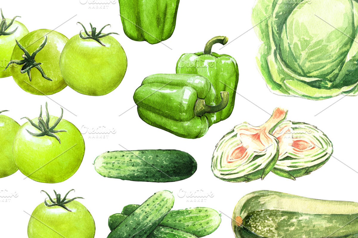 Green Vegetables watercolor big set, a Food Illustration by wedraw (Photo 2 of 7)