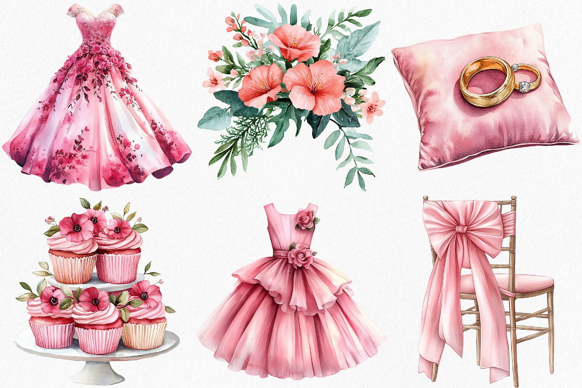 Watercolor Pink Wedding Day Clipart, an Illustration by Canvas Craft (Photo 2 of 8)