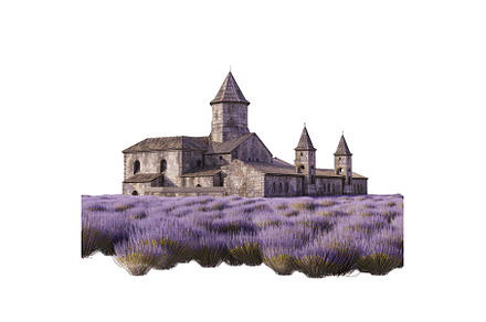 Lavender field with vintage church, an Architecture Photo by Ylivdesign