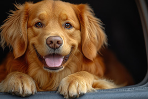 Golden retriever relaxing in a car,, a Photo by Tanuart