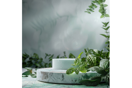 Stone Podium with Green Mint Leaves, a Nature Photo by Natalia Klenova's Shop