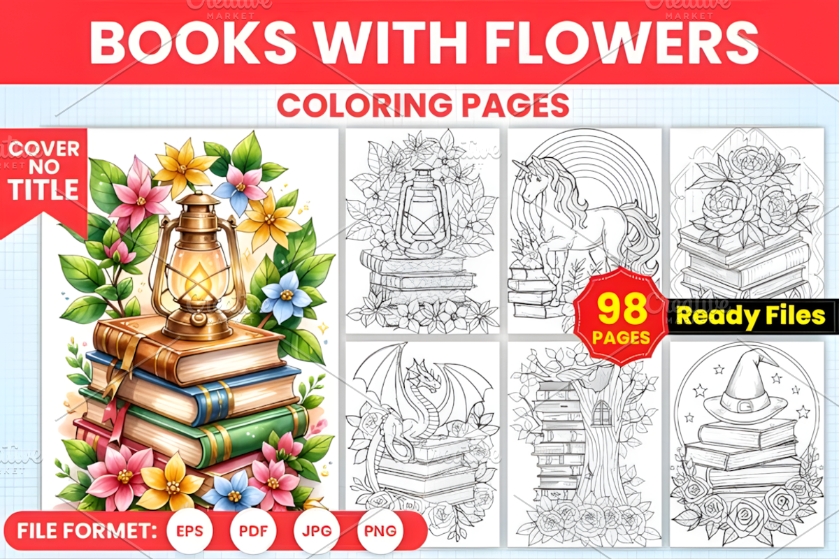 Books with Flowers Coloring Book, a Decorative Illustration by Design Station (Photo 1 of 3)