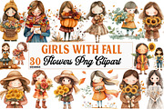 Girls with Fall Flowers Clipart, an Illustration by Watercolor design (Thumbnail 1 of 5)