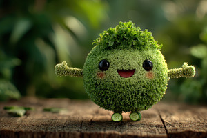 Happy green lettuce character on woo, a Photo by Pixeness Studio