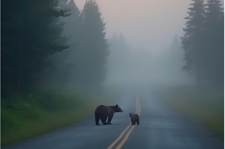 Bear cub road forest. Generate Ai, an Animal Photo by Ylivdesign