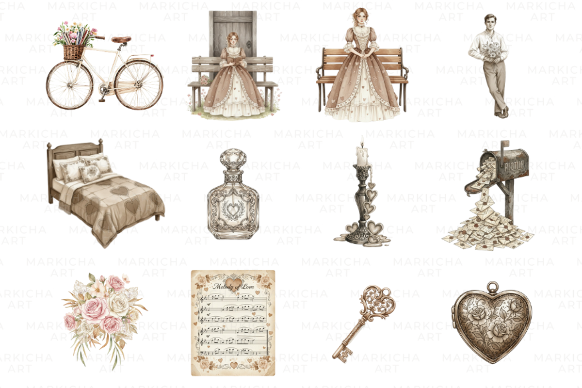 Antique Sepia Valentine Day Clipart, an Illustration by Markicha Art (Photo 3 of 5)