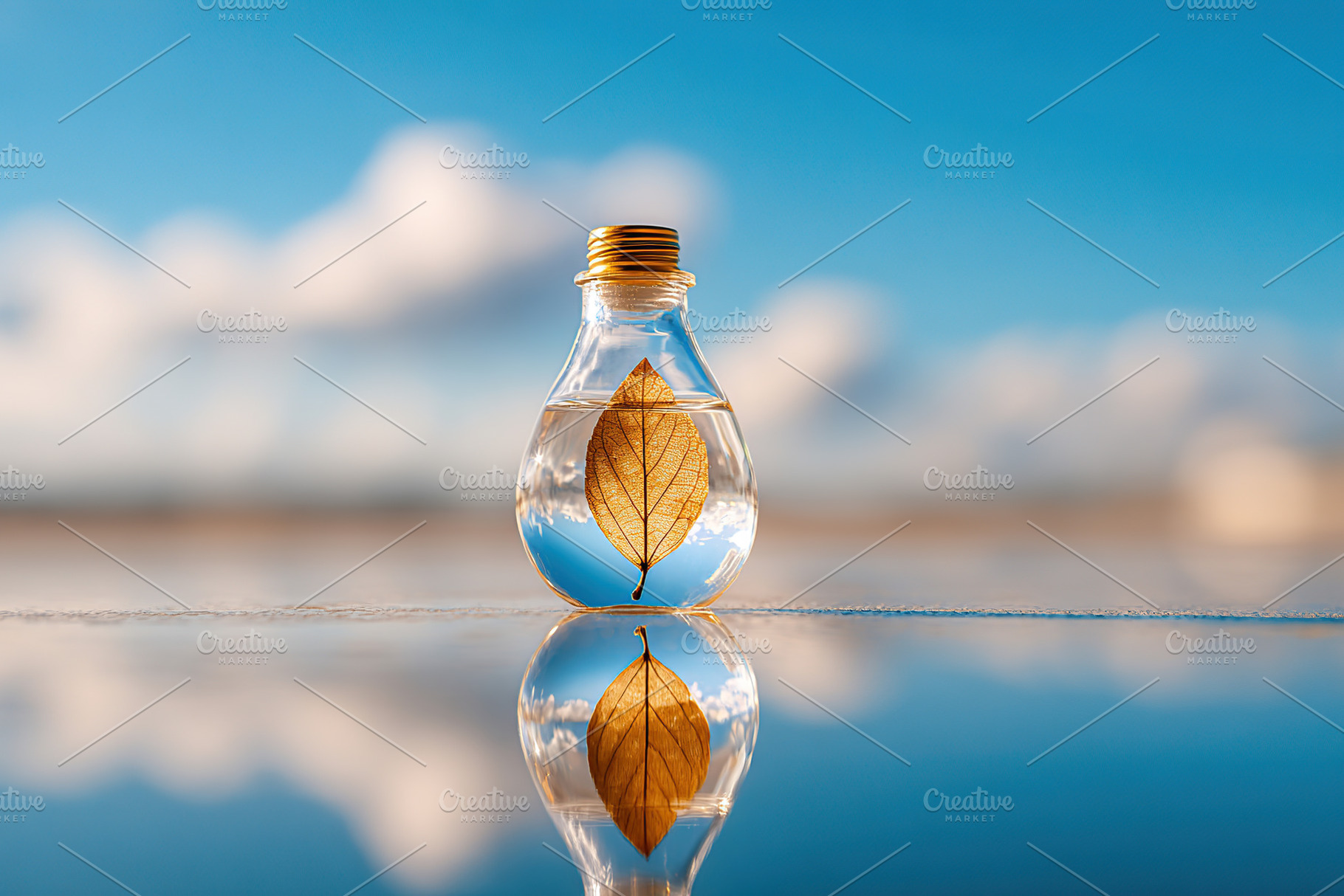 Delicate transparent vase with a golden leaf reflecting on a shiny surface outd, a Photo by AlyaAnd