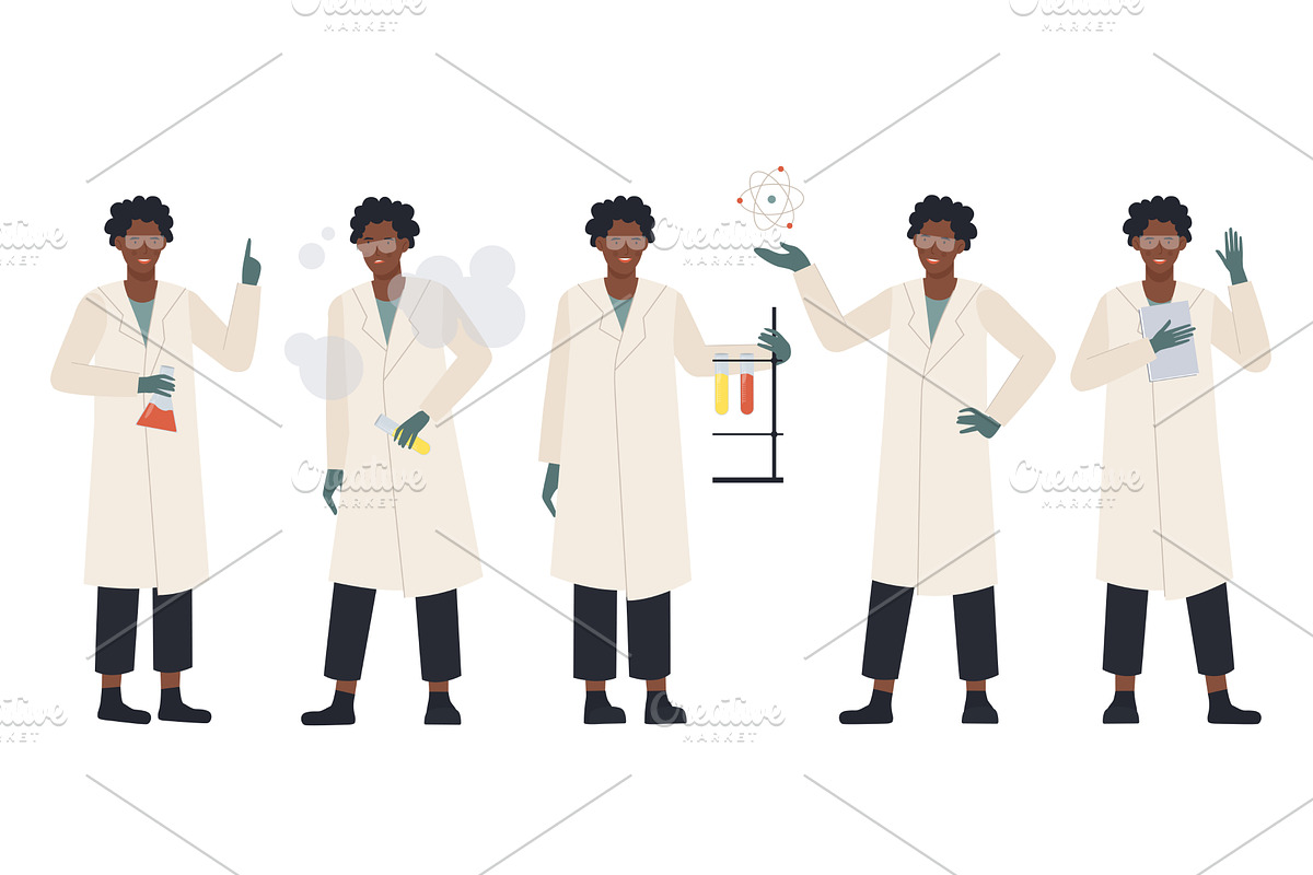 Afro Scientist in Various Lab Poses, an Illustration by Flashvector