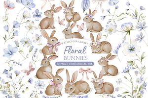 Watercolor Floral Bunny Clipart, an Illustration by MockupWizard