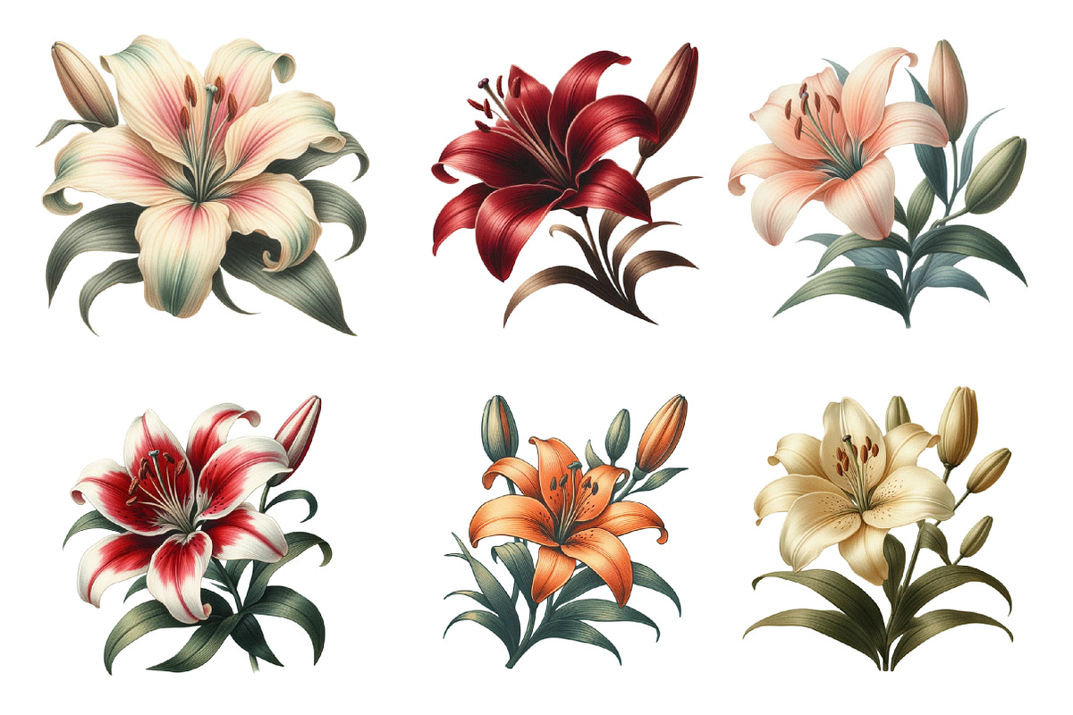 Retro Vintage Lilies Flower Clipart, an Illustration by SinaCreation (Photo 3 of 5)