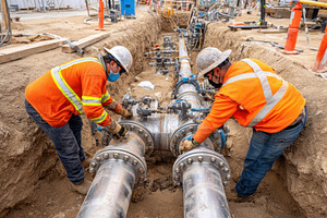 Workers repairing a large metal pipe in a trench, an Industrial Photo by AlyaAnd