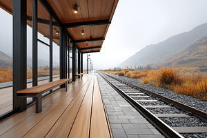 Modern train station platform in a scenic landscape during a foggy day, a Transportation Photo by AlyaAnd