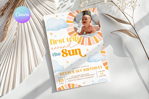 Sun 1st Birthday Invite with Picture, a Templates & Theme by VeliusCreativeStudio