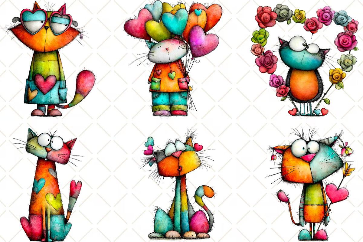 Quirky Valentine Cats Clipart, an Animal Illustration by Black Bird Studio (Photo 2 of 6)
