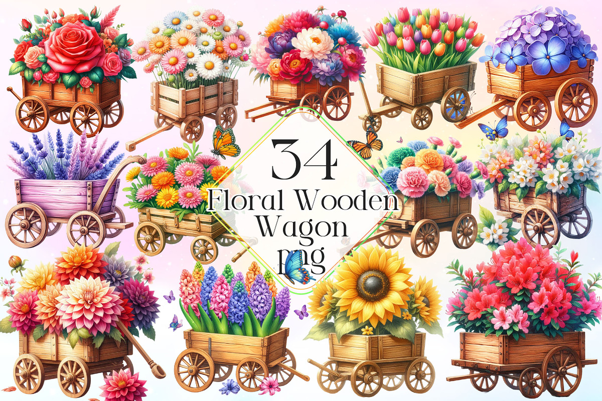 Floral Wooden Wagon Clipart PNG, a Work Illustration by Dream Creation (Photo 1 of 5)
