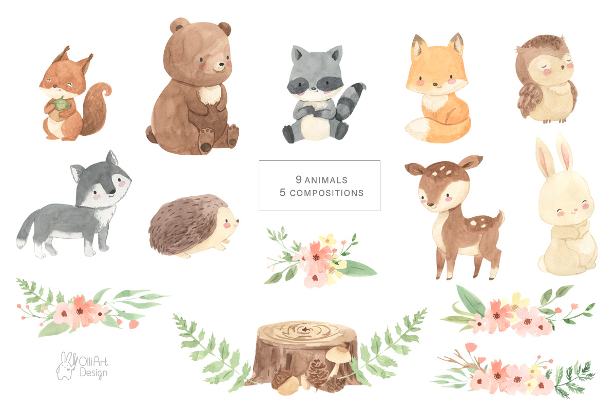 WOODLAND BABIES. Watercolor set, an Animal Illustration by OlliArtDesign (Photo 3 of 9)