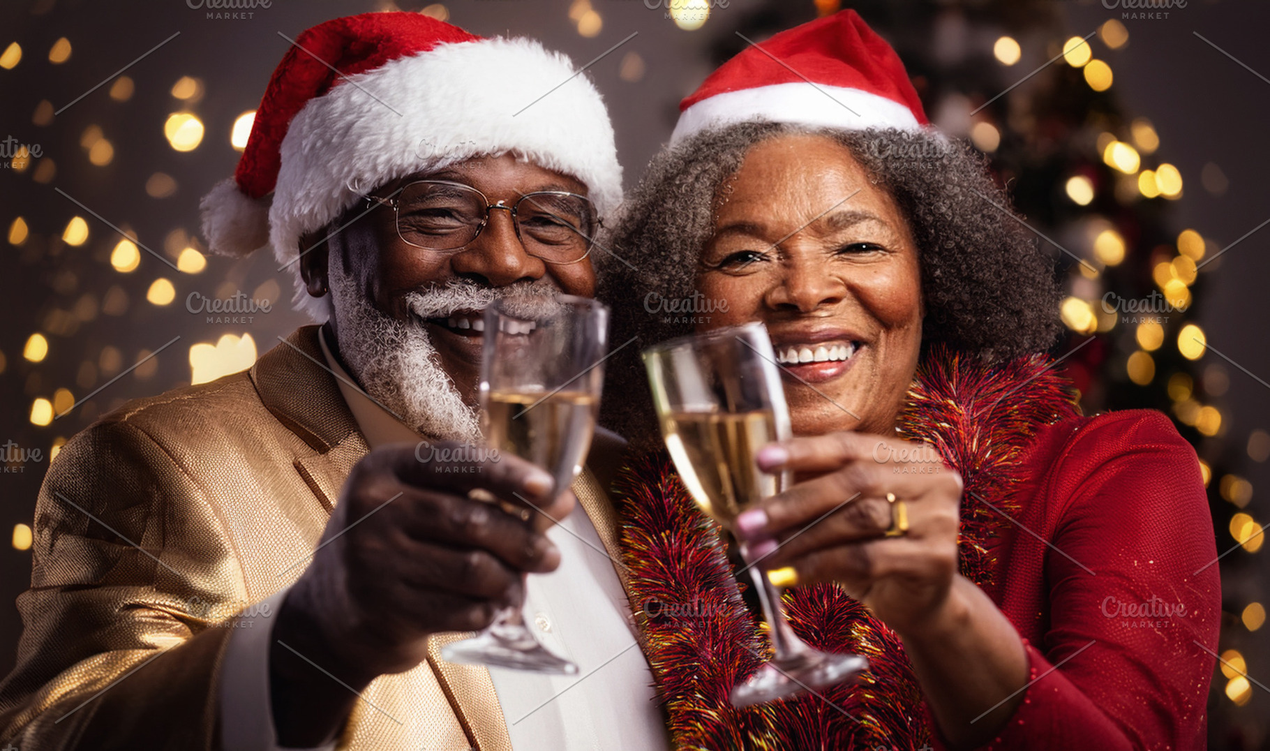 Senior black couple wearing Santa hats toasting, a Holiday Photo by Davizro's Market