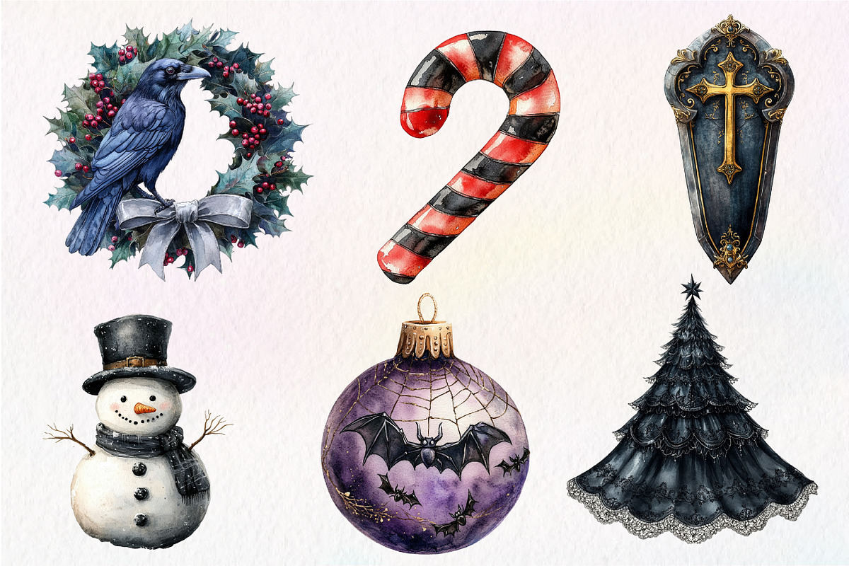 Watercolor Gothic Christmas Clipart, an Illustration by Dream Creation (Photo 6 of 7)