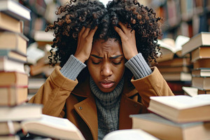 Stressed student surrounded by books and papers, a School & Education Photo by DanFLCreativo
