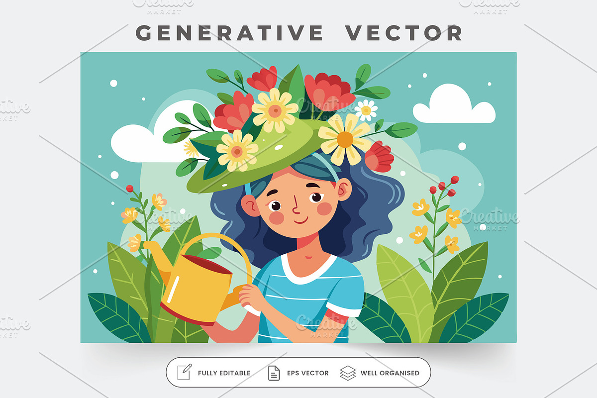 A girl happily waters flowers while, a Graphic by Iftikhar Alam