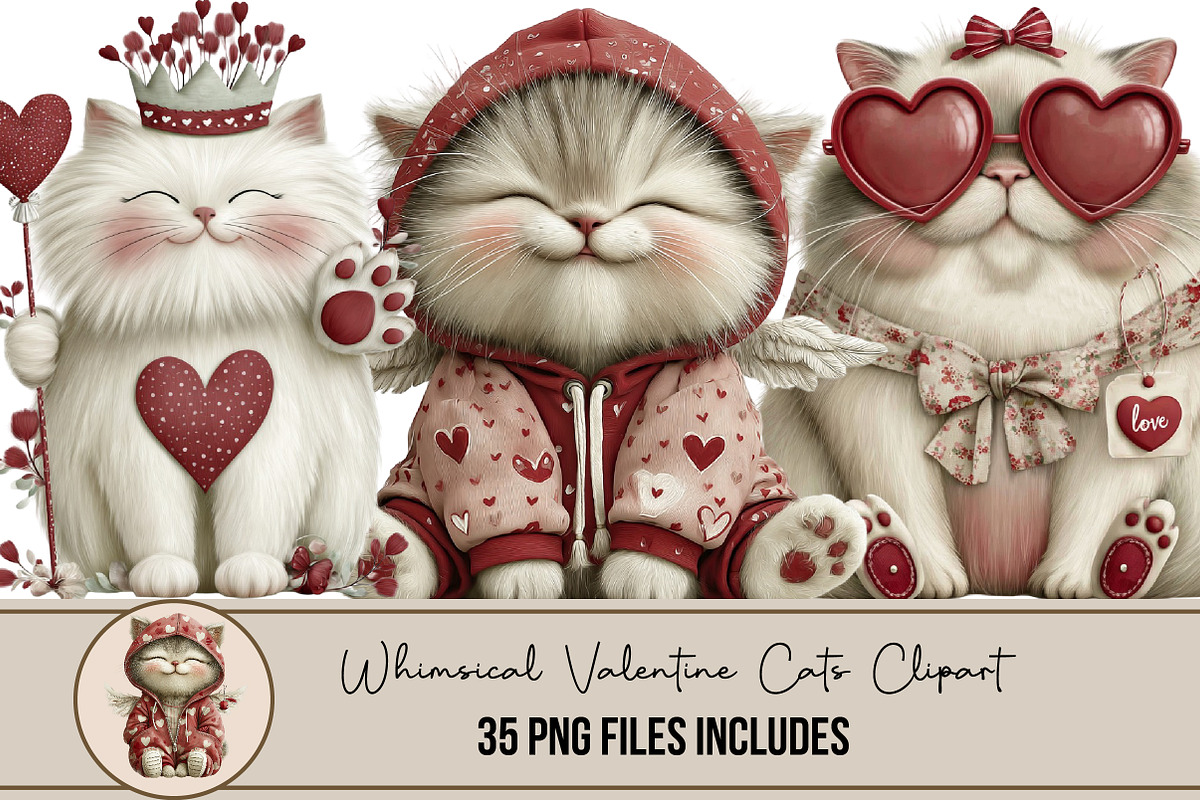 Whimsical Valentine Cats Clipart, an Illustration by DreamArtGraphic (Photo 1 of 4)
