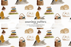 cozy reader seamless pattern jpeg, a Pattern Graphic by Pink Studio Art
