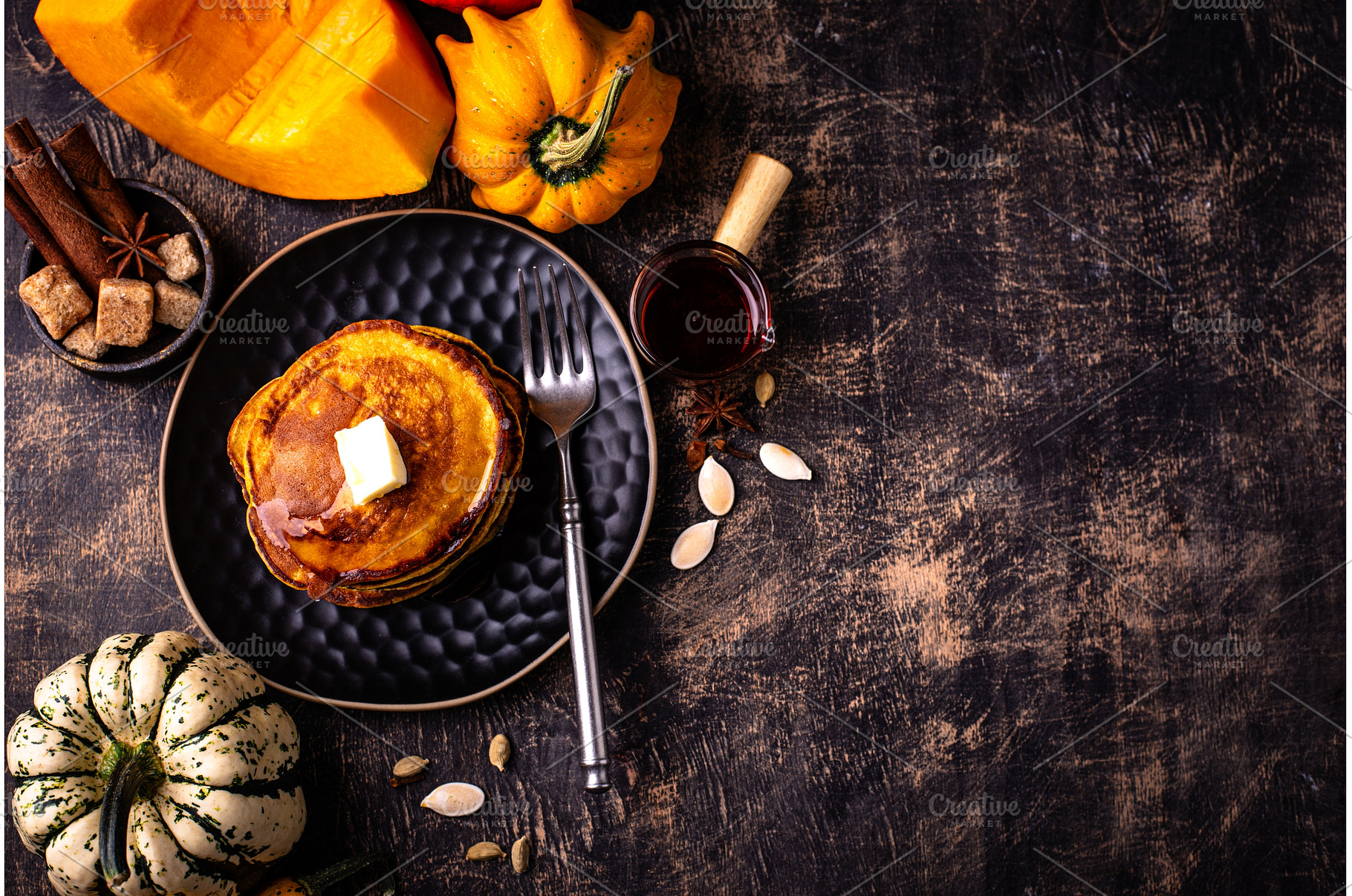 Pumpkin pancakes with maple syrup, a Food & Drink Photo by Yulia Furman