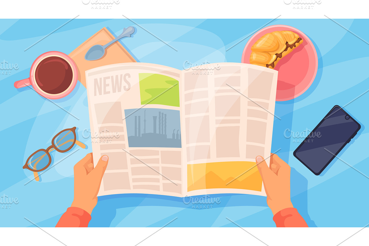 Morning newspaper reading. Man hands, a Food Illustration by Stock-Smart-Start