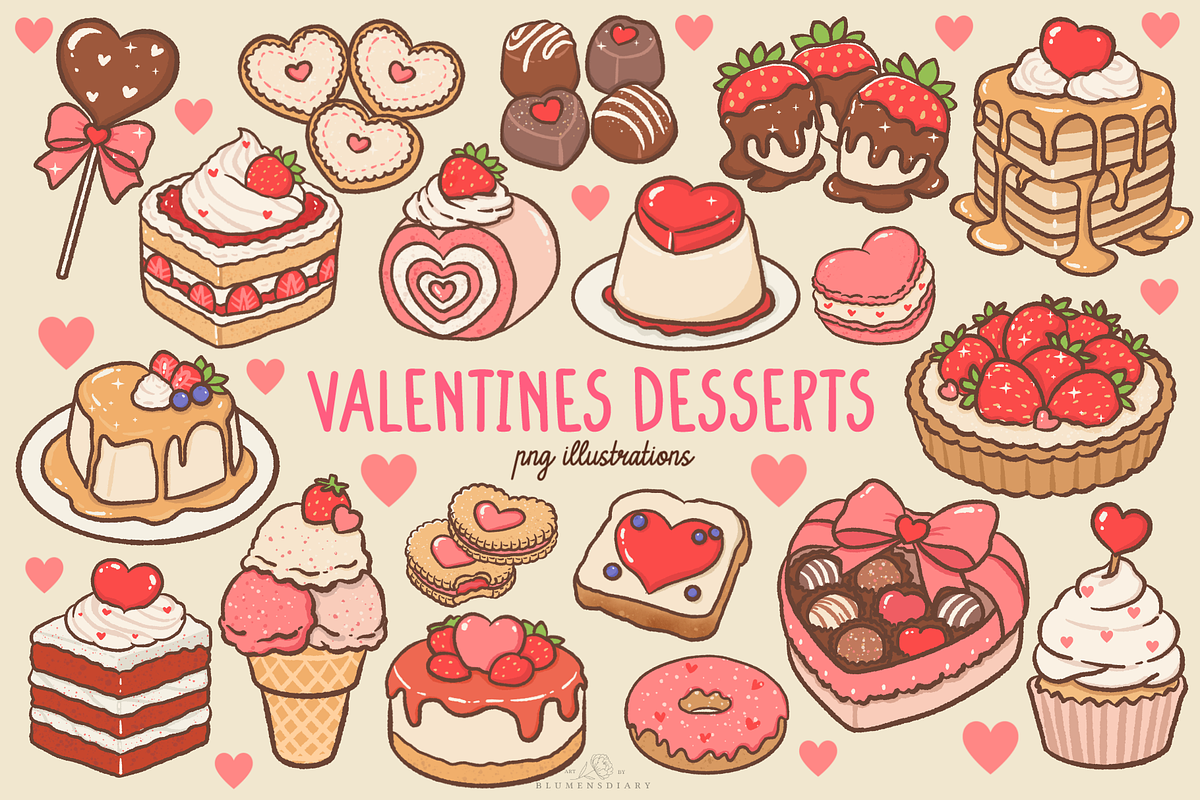 Kawaii Valentines Desserts clipart, a Food Illustration by Blumensdiary (Photo 1 of 6)