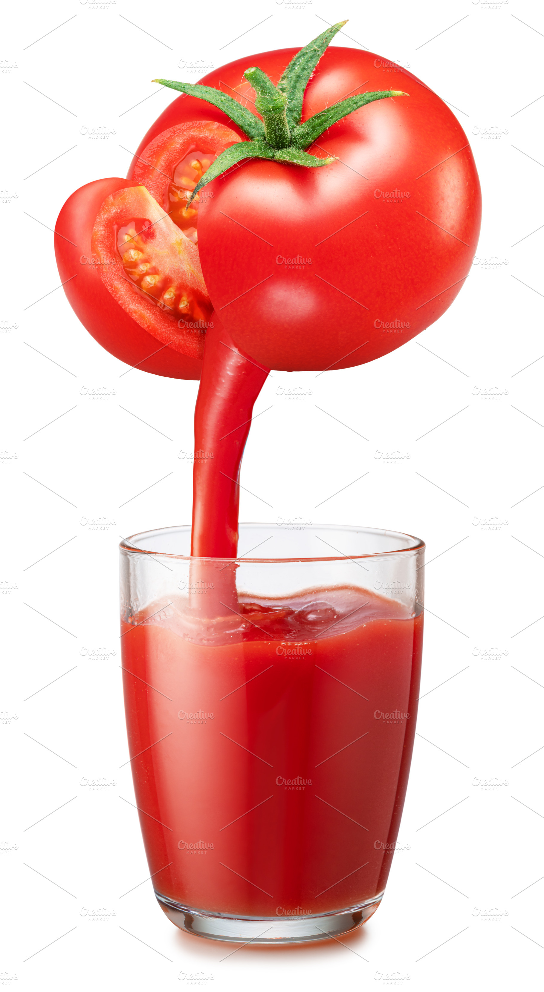 Glass tomato juice and fresh juice pouring from tomato fruit int, a Food & Drink Photo by Volff
