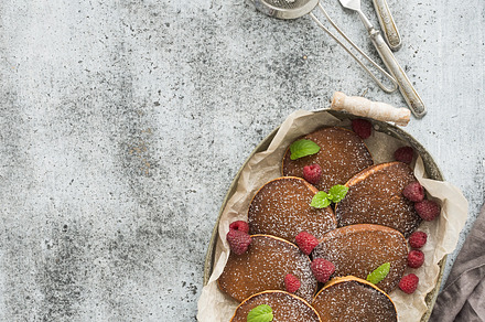 Homemade buckwheat pancakes containing breakfast, pancake, and raspberry, a Food & Drink Photo by Foxys