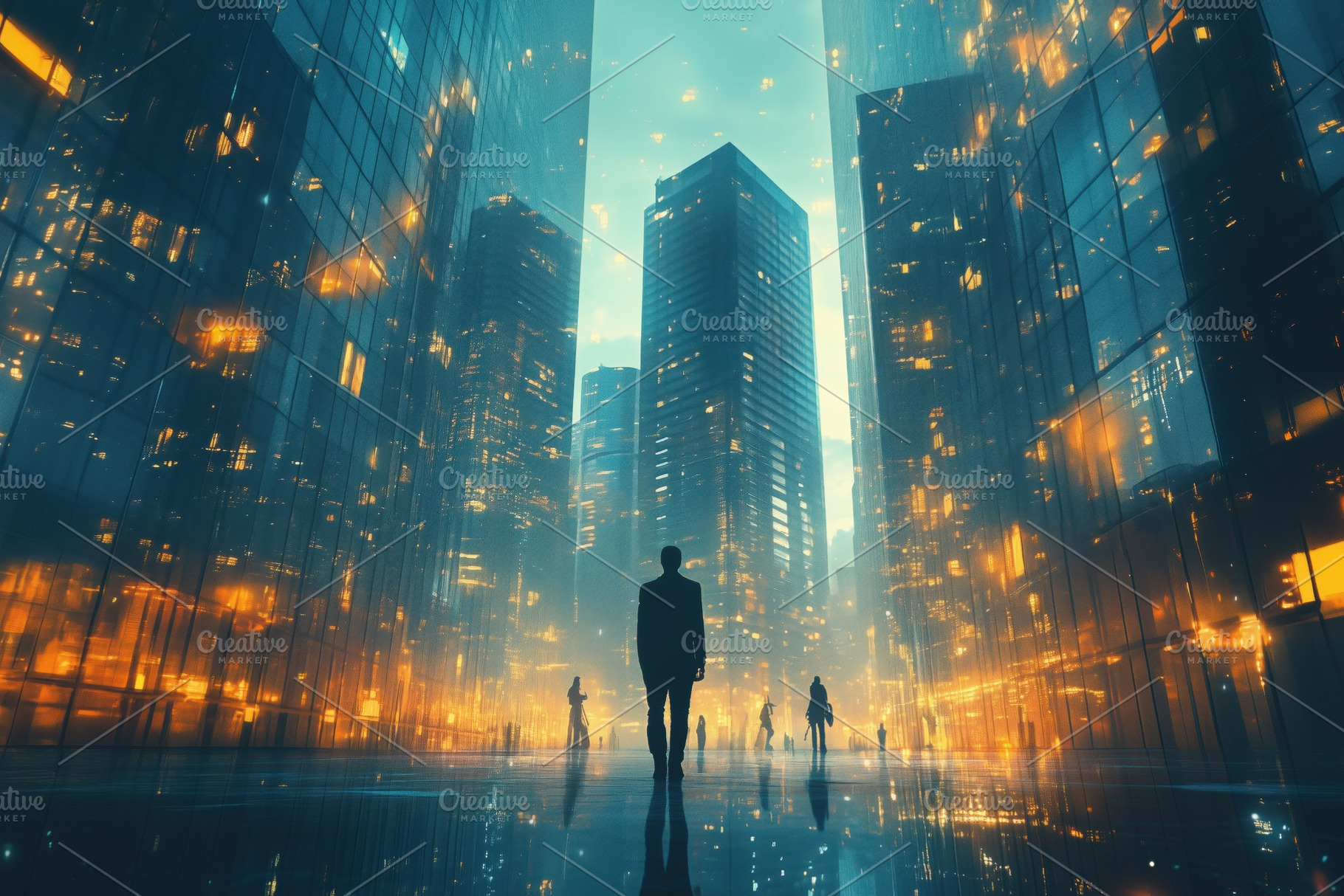 A futuristic cityscape at dusk, featuring tall skyscrapers with glowing lights., a Person Photo by Textures & Backgrounds