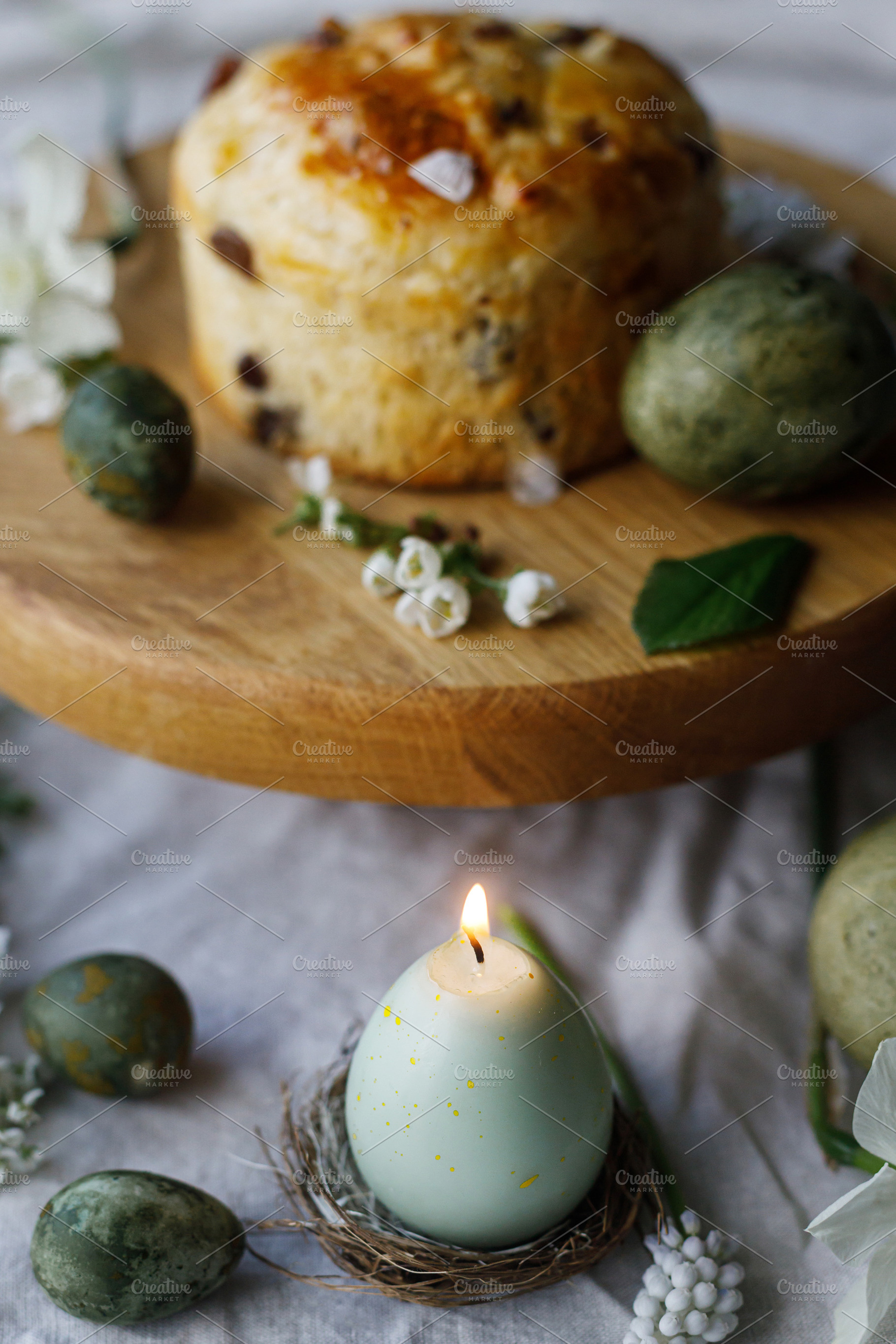 Happy Easter! Stylish dyed eggs, easter cake on wooden stand, sp, a Holiday Photo by Sonjachni