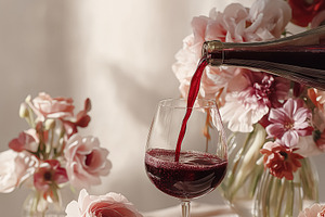 Pouring red wine into a glass on a table with romantic flowers, celebrating spe, a Food & Drink Photo by Studio ANNA