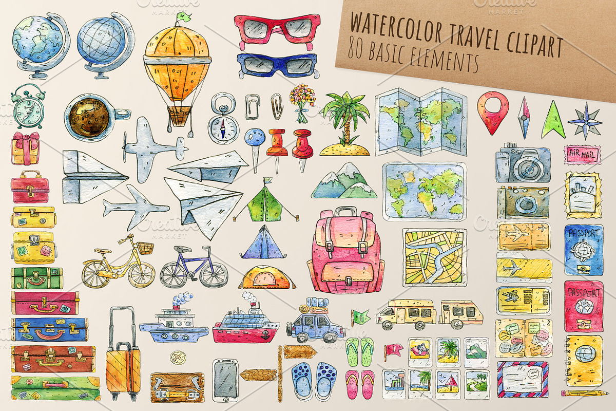 Watercolor Travel Clipart, an Object Graphic by Kitiri Space (Photo 2 of 5)